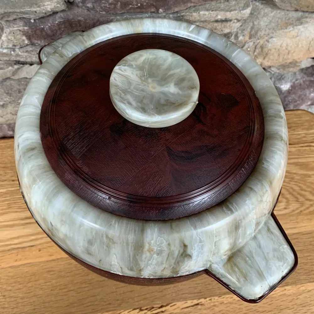 VTG Ice Bucket Mid Century Coasters Faux Wood & Marble MCM 50s Barware Bar Cart